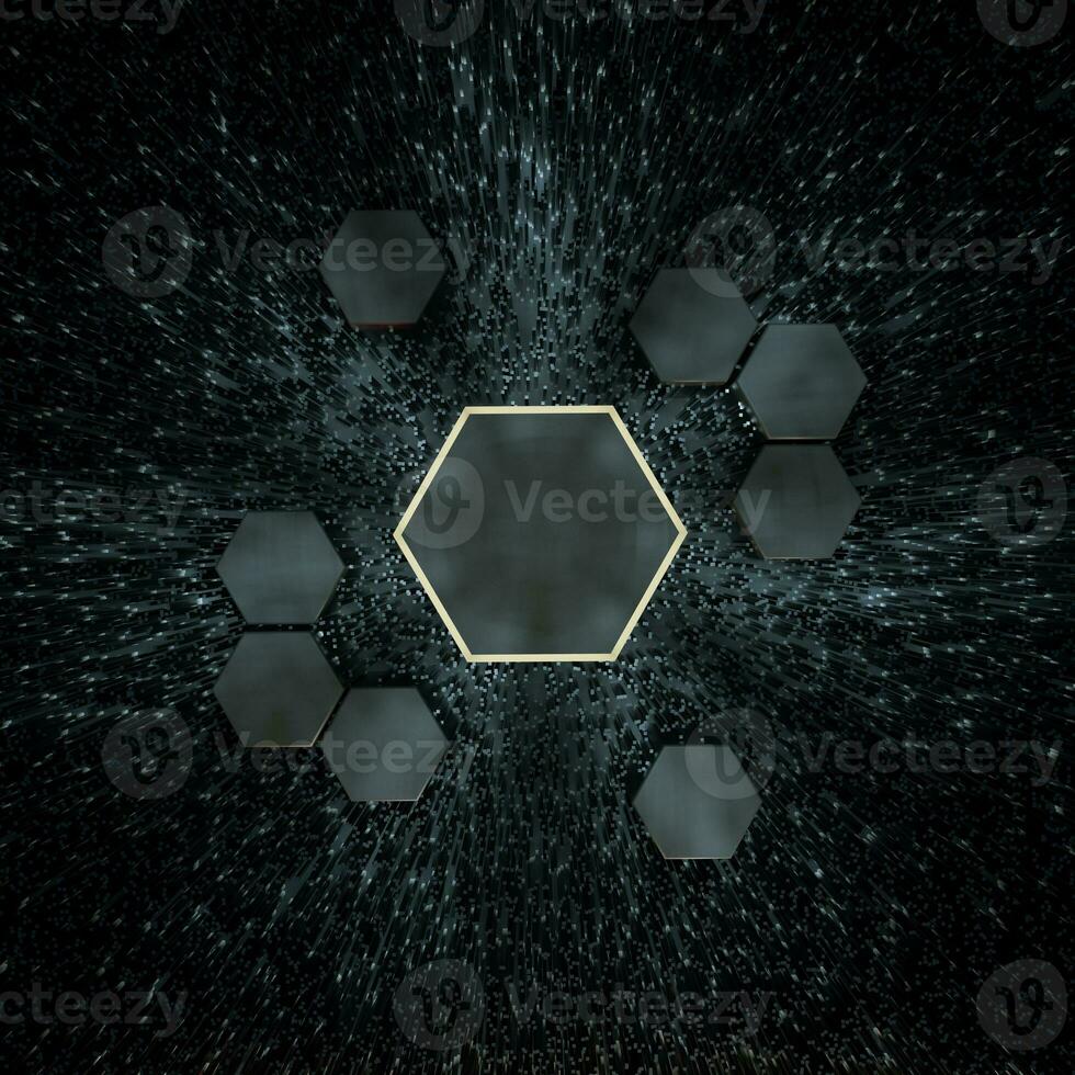 Hexagon cube with dark background, surrounded by glowing lines, 3d rendering. photo