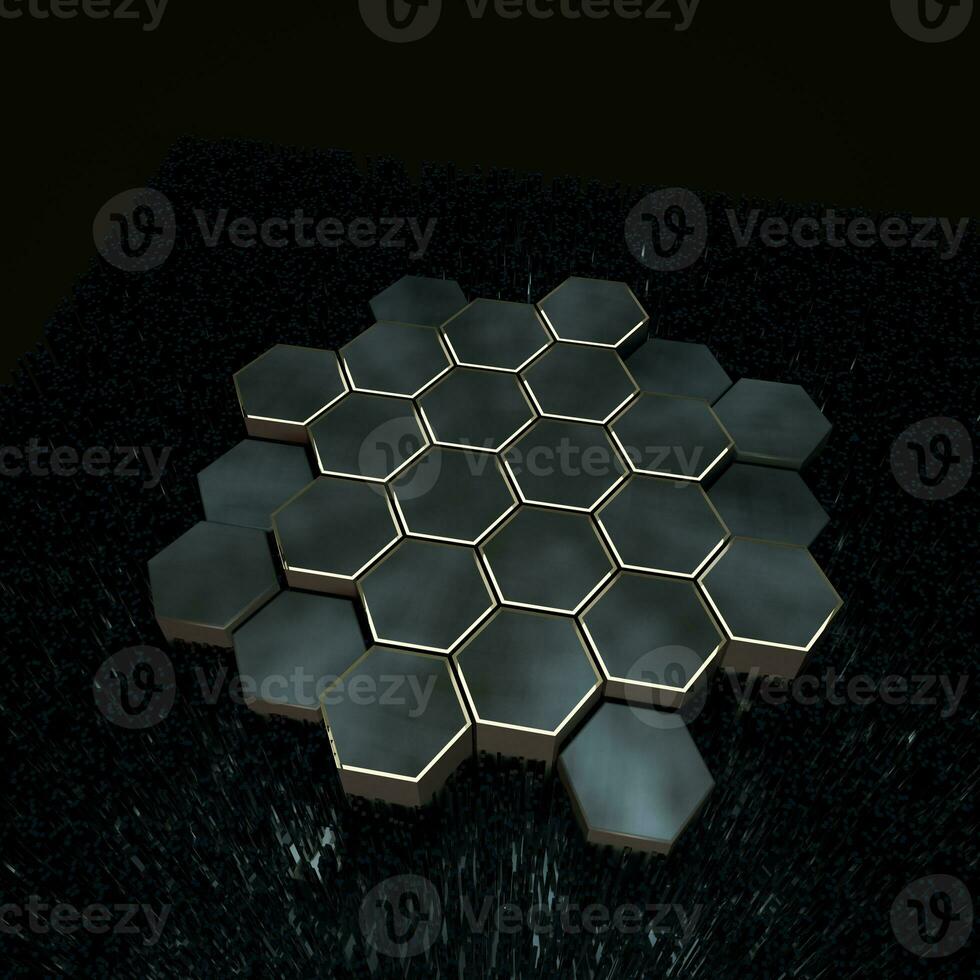 Hexagon cube with dark background, surrounded by glowing lines, 3d rendering. photo