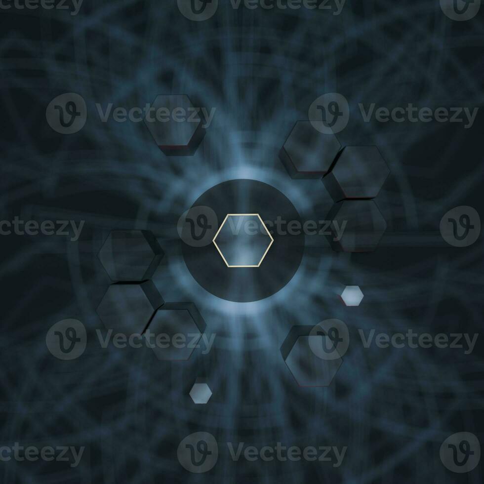 Hexagon cube with dark background, surrounded by glowing lines, 3d rendering. photo