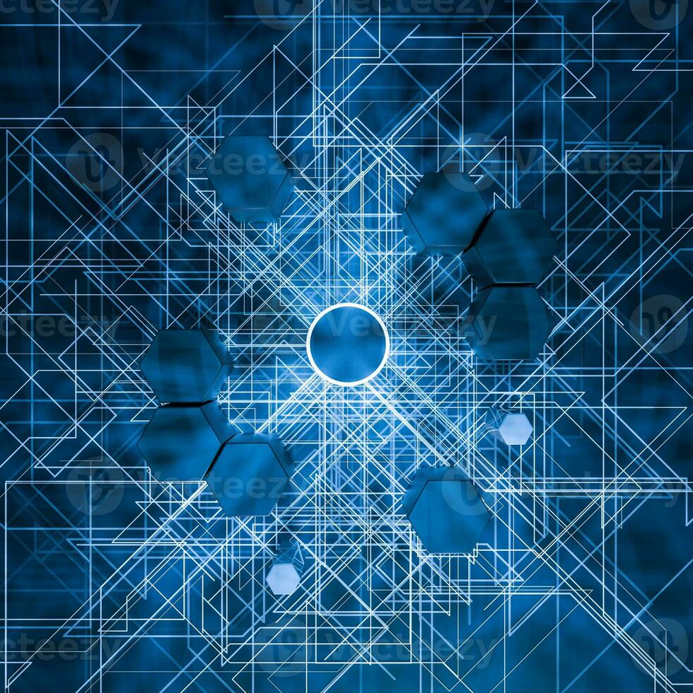 Hexagon cube with dark background, surrounded by glowing lines, 3d rendering. photo