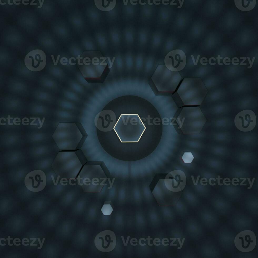 Hexagon cube with dark background, surrounded by glowing lines, 3d rendering. photo