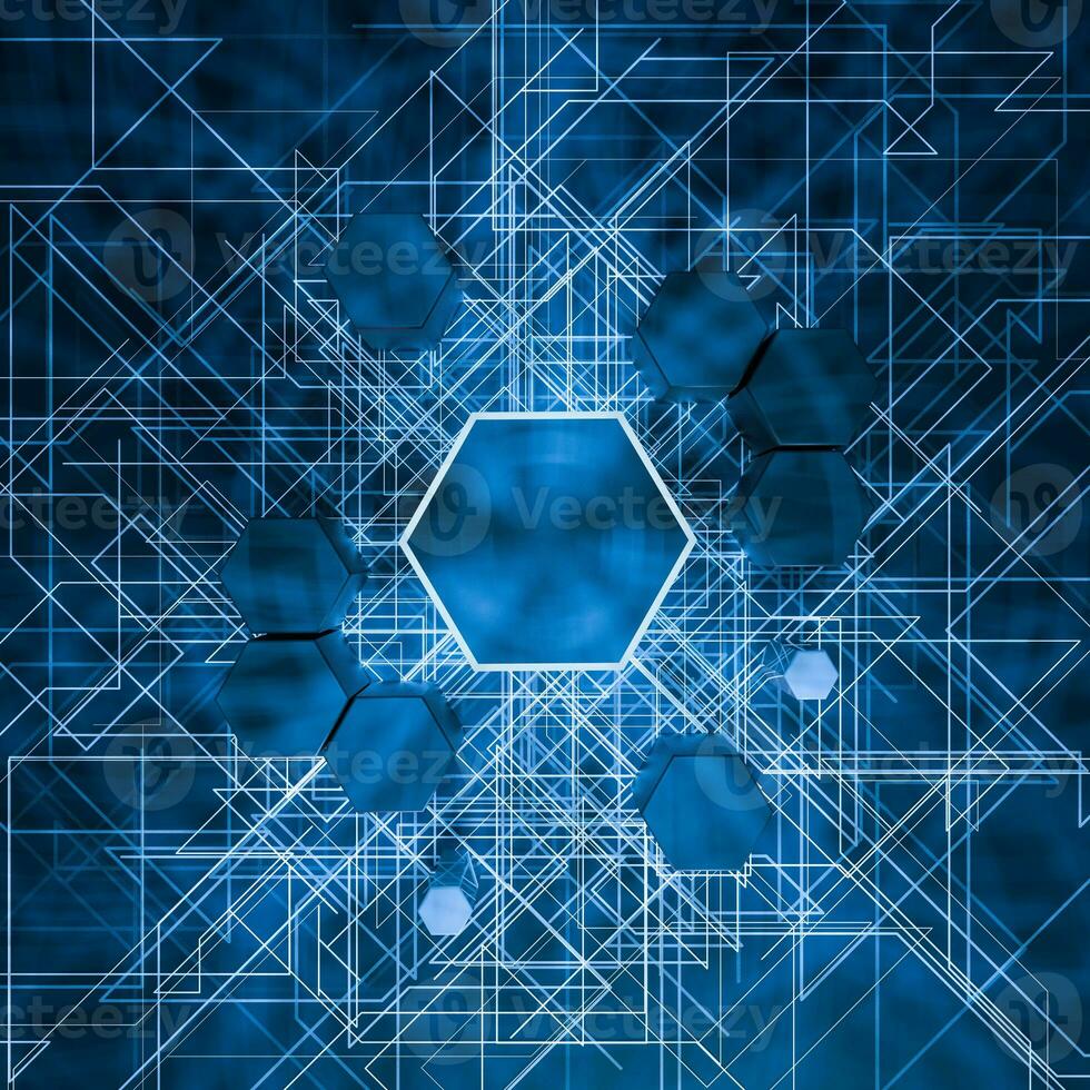 Hexagon cube with dark background, surrounded by glowing lines, 3d rendering. photo