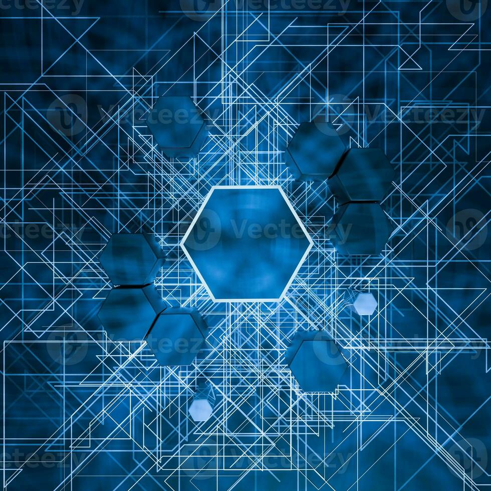 Hexagon cube with dark background, surrounded by glowing lines, 3d rendering. photo