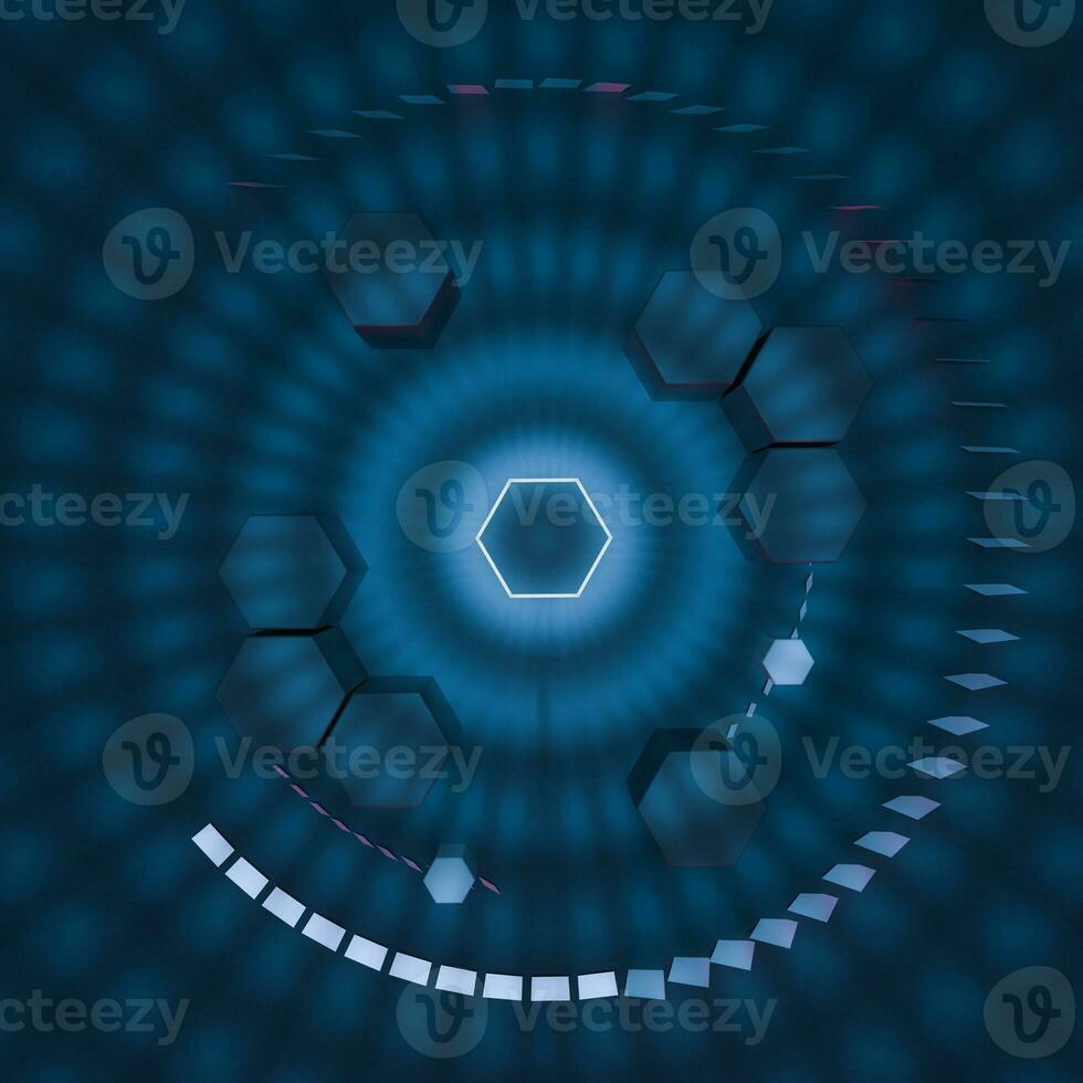 Hexagon cube with dark background, surrounded by glowing lines, 3d rendering. photo