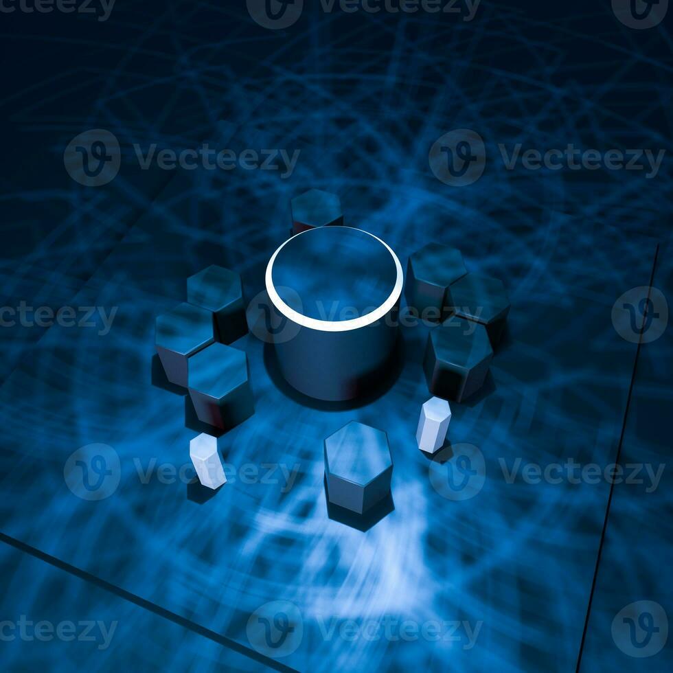 Hexagon cube with dark background, surrounded by glowing lines, 3d rendering. photo