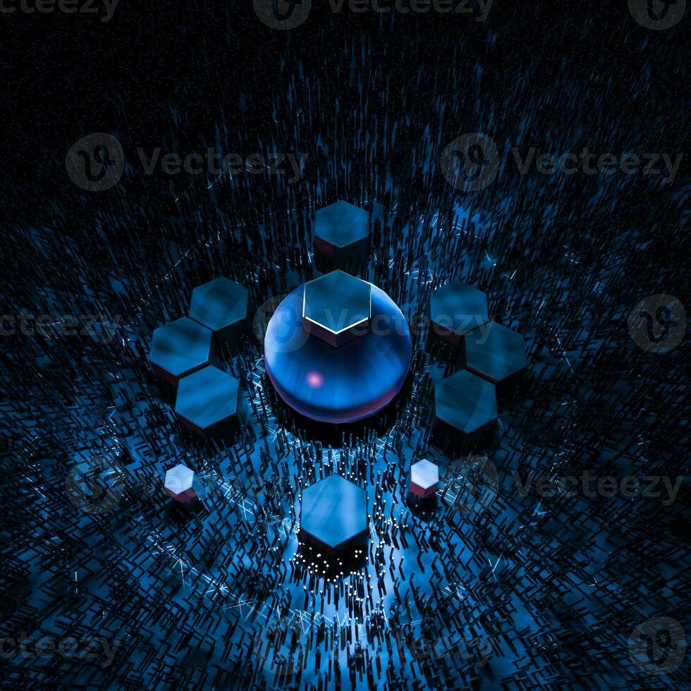 Hexagon cube with dark background, surrounded by glowing lines, 3d rendering. photo