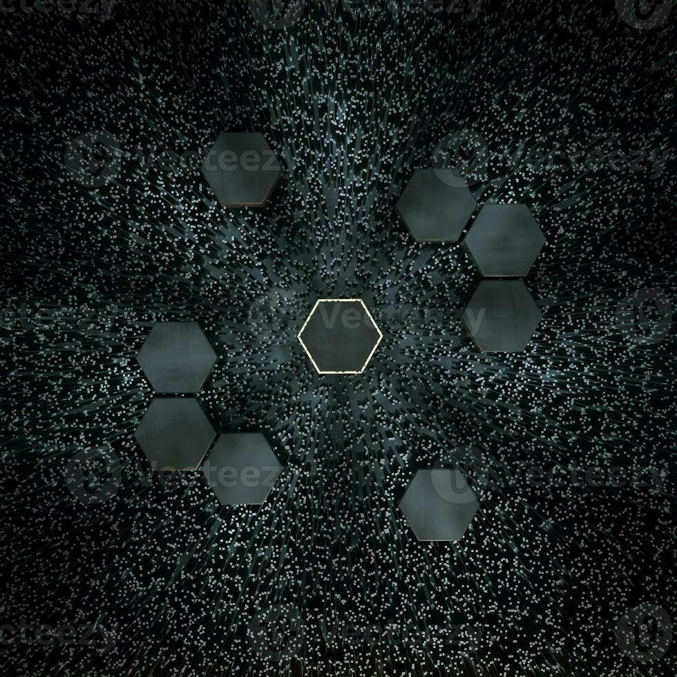 hexágono cubo con oscuro fondo, rodeado por brillante líneas, 3d representación. foto