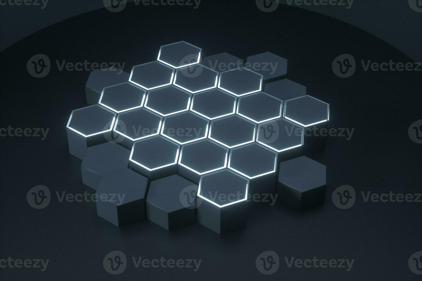 Dark hexagonal platforms connected together background, 3d rendering photo