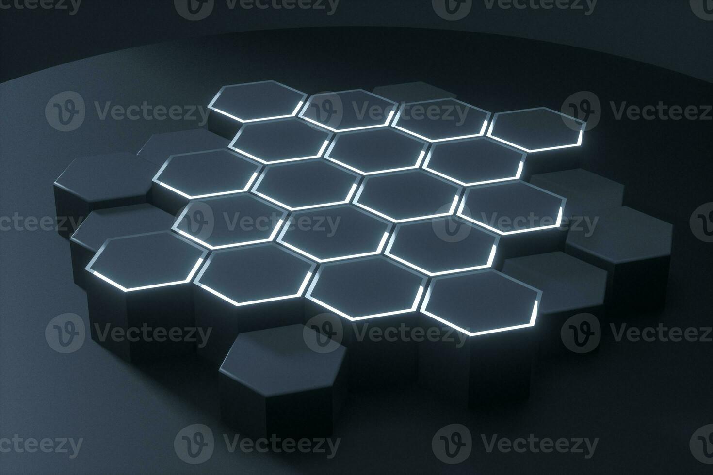 Dark hexagonal platforms connected together background, 3d rendering photo