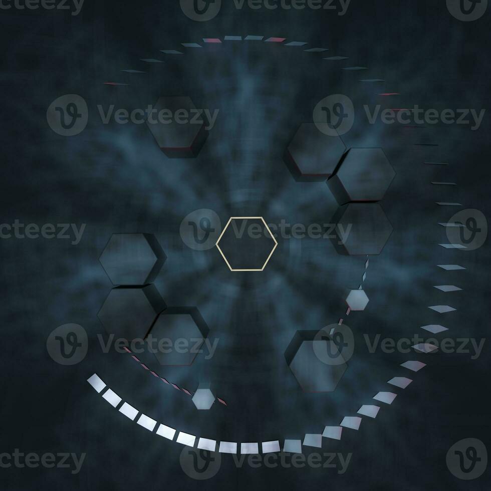 Hexagon cube with dark background, surrounded by glowing lines, 3d rendering. photo