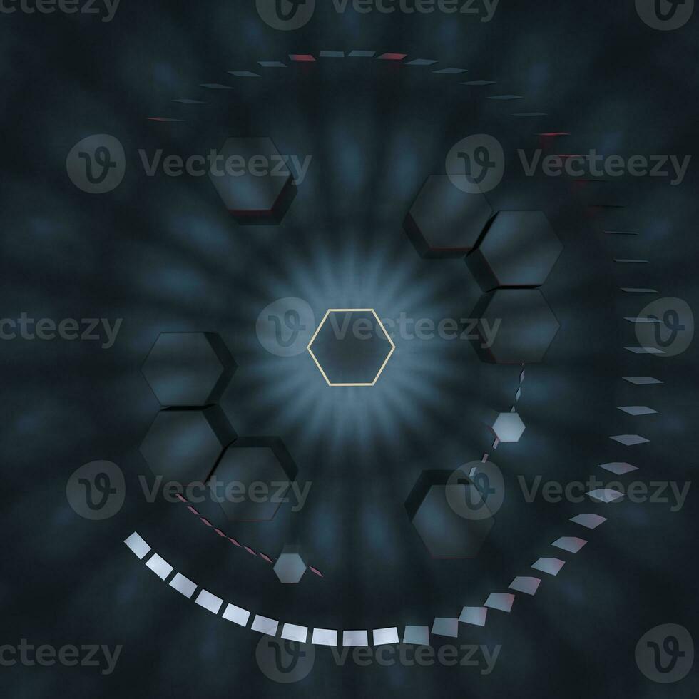 hexágono cubo con oscuro fondo, rodeado por brillante líneas, 3d representación. foto