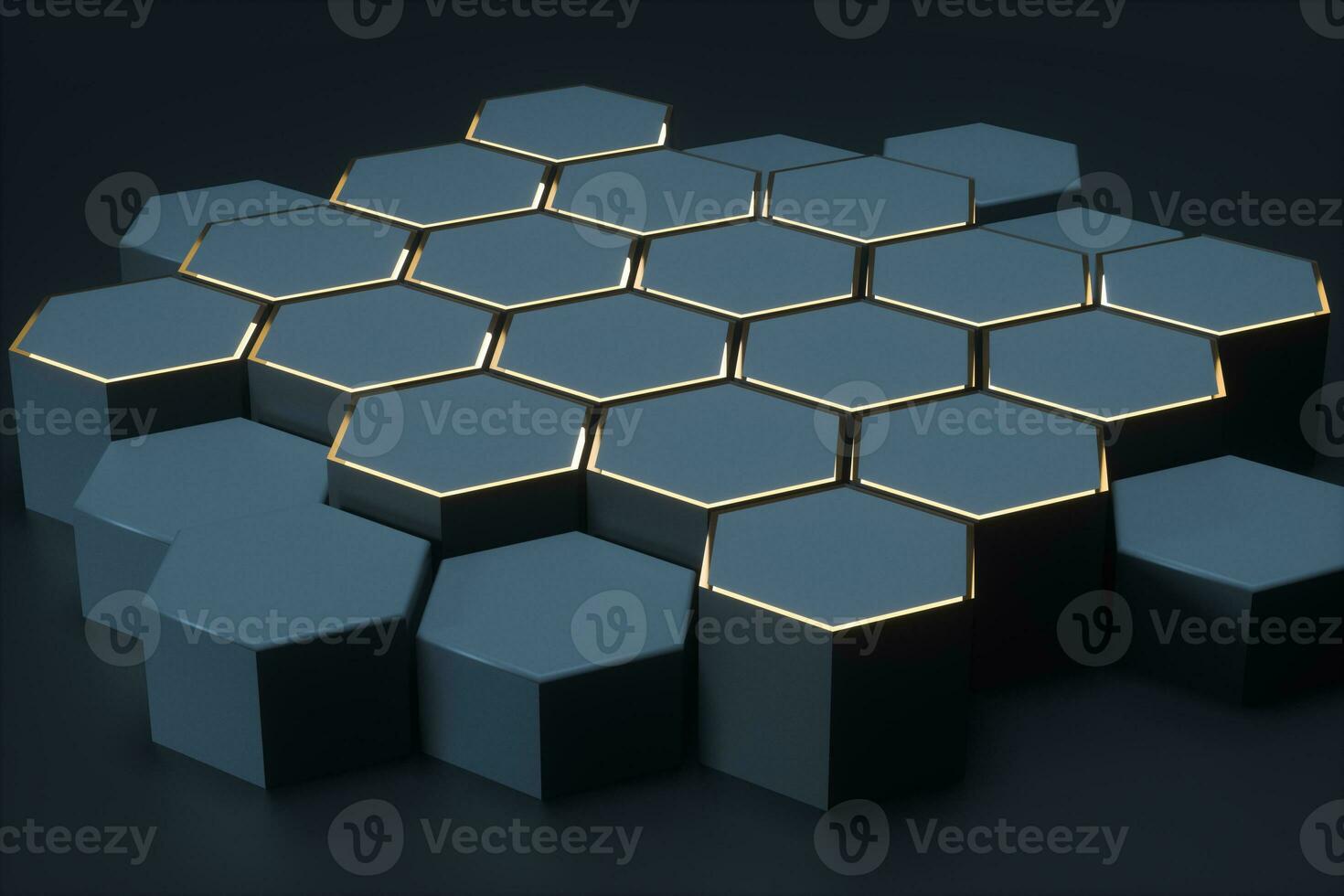 Dark hexagonal platforms connected together background, 3d rendering photo