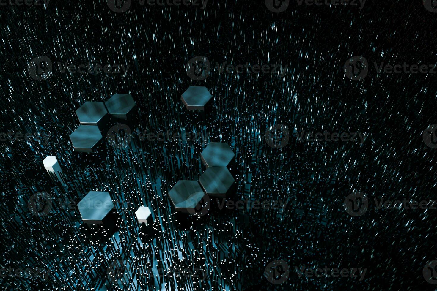 Dark hexagonal platforms connected together background, 3d rendering photo