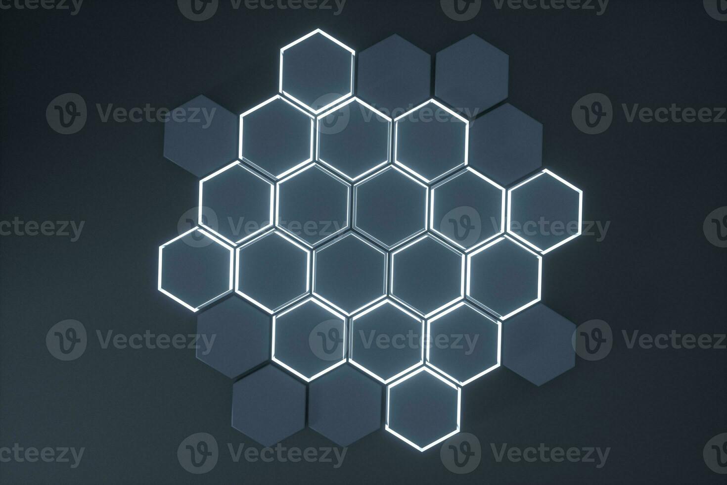 Dark hexagonal platforms connected together background, 3d rendering photo