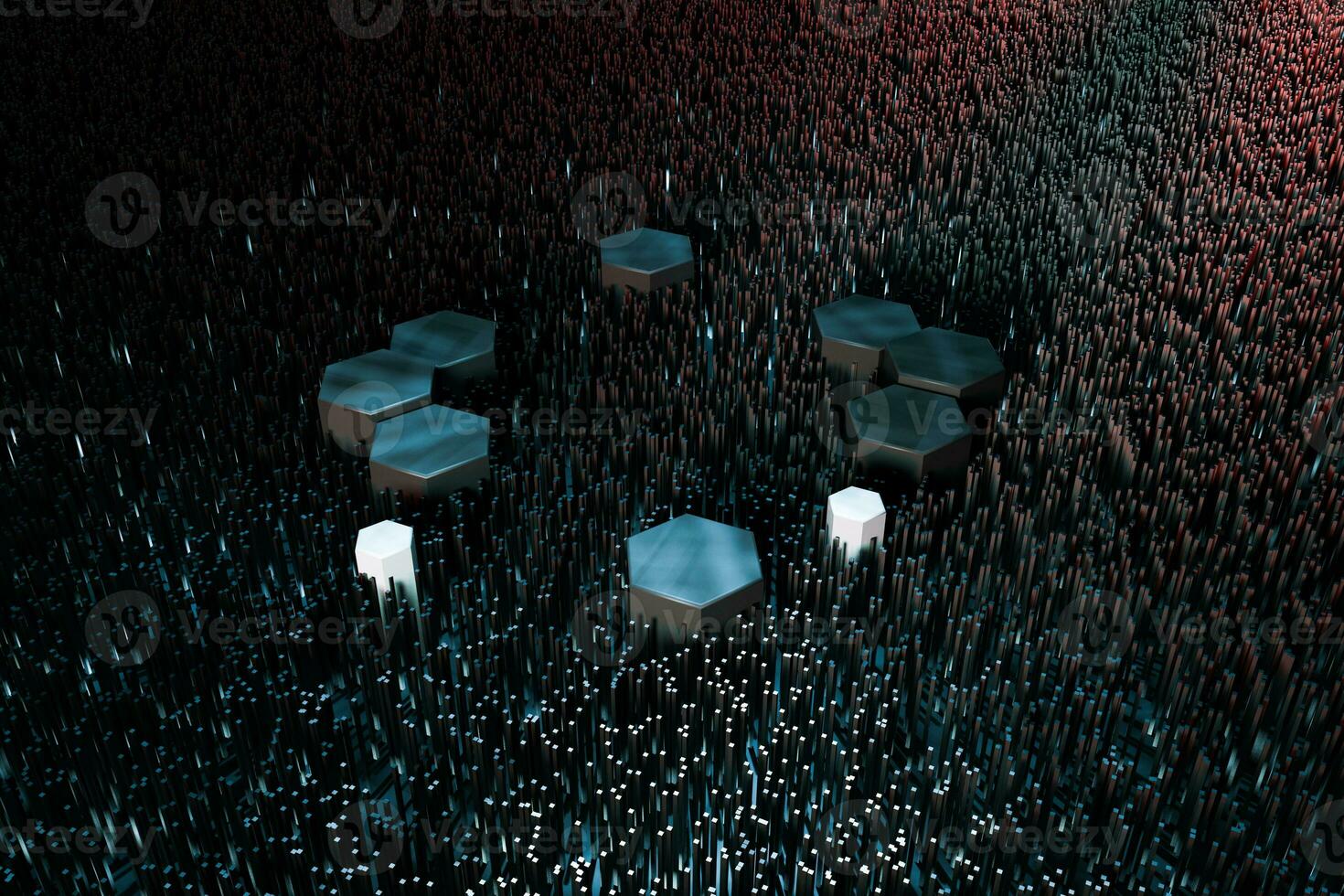 Dark hexagonal platforms connected together background, 3d rendering photo