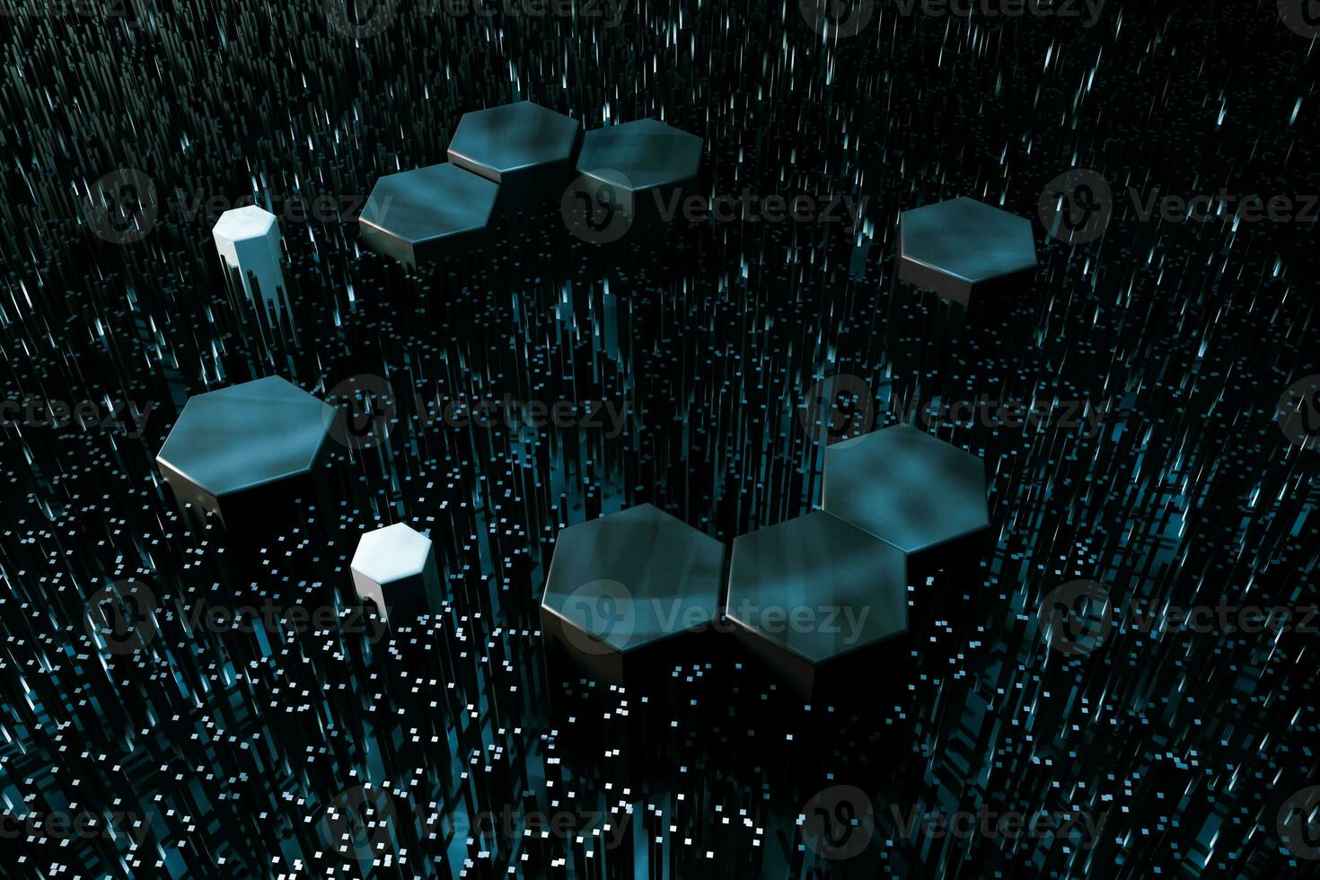 Dark hexagonal platforms connected together background, 3d rendering photo
