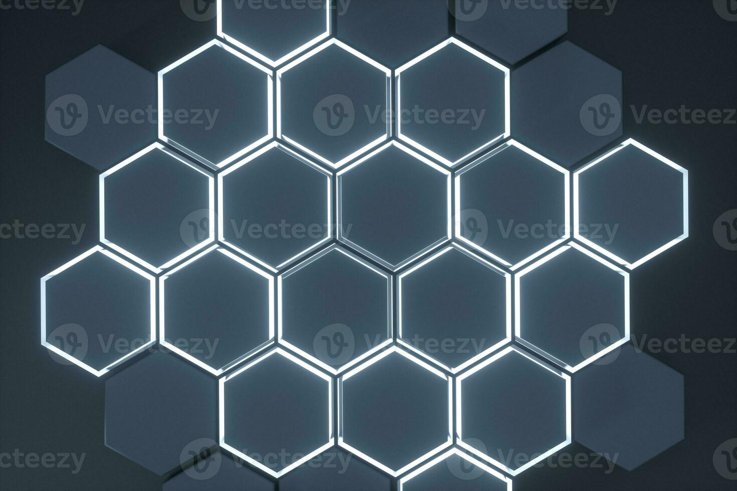 Dark hexagonal platforms connected together background, 3d rendering photo
