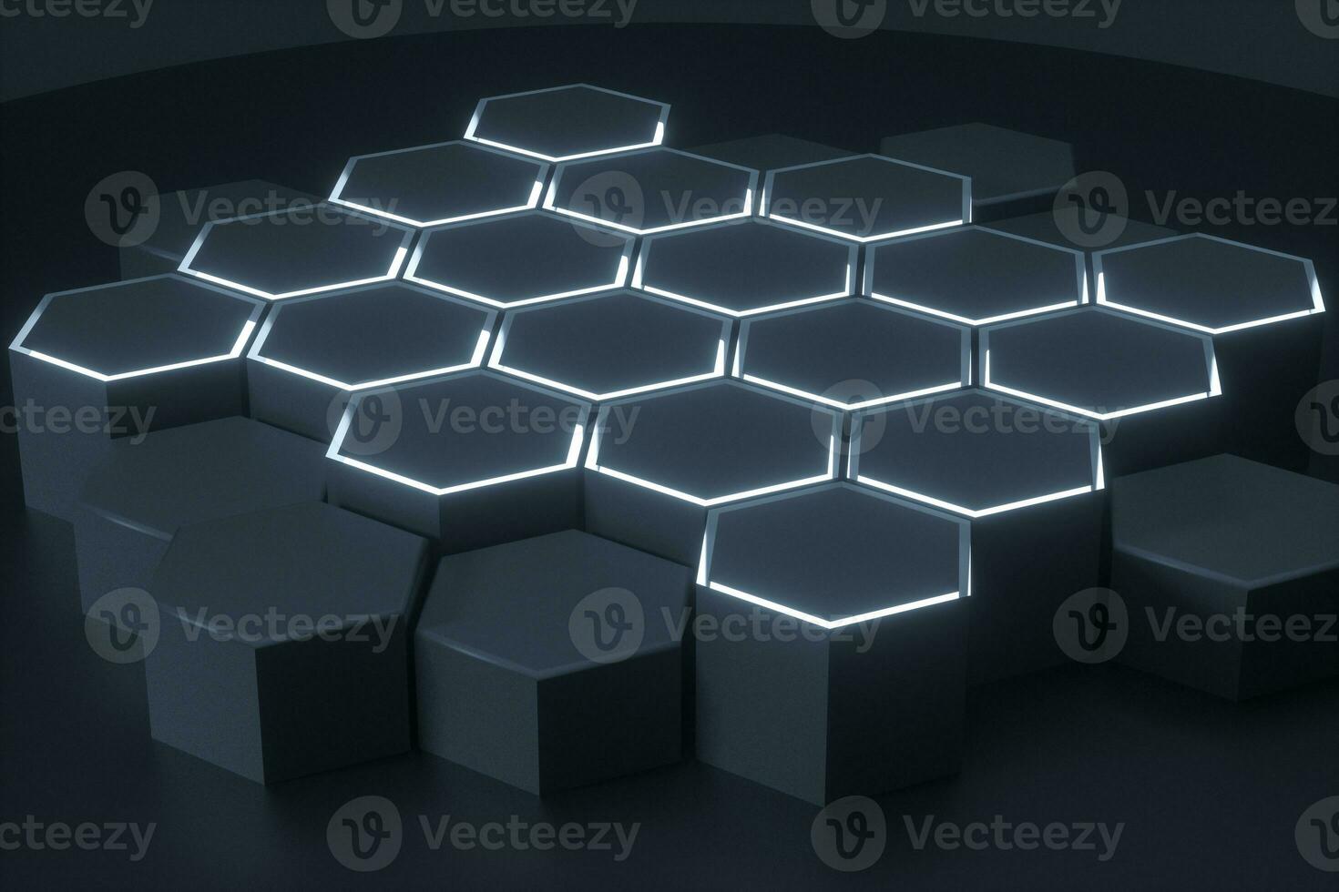 Dark hexagonal platforms connected together background, 3d rendering photo