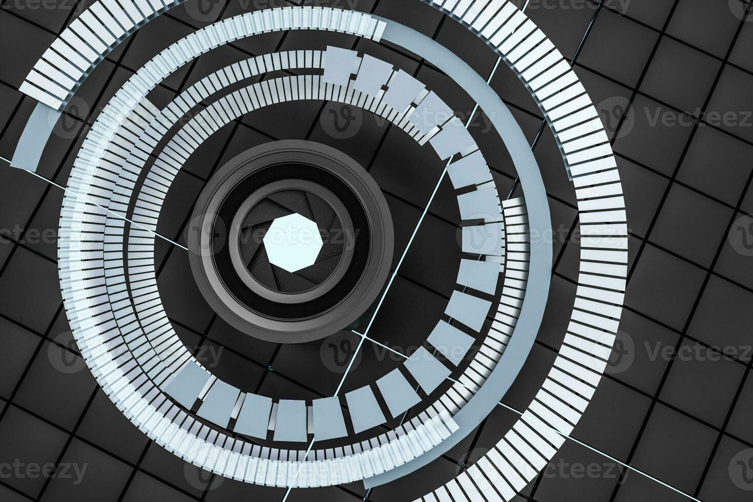 3d rendering, camera lens in a dark studio background photo