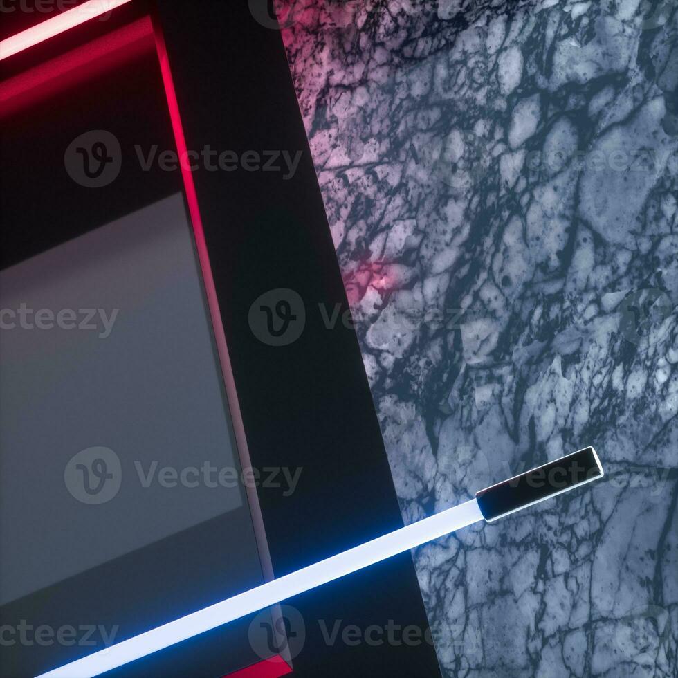 Glowing neon tubes and marble background, 3d rendering. photo