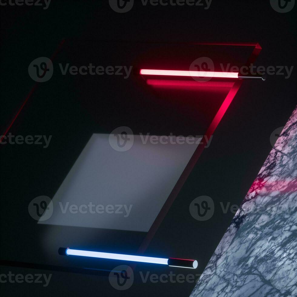Glowing neon tubes and marble background, 3d rendering. photo
