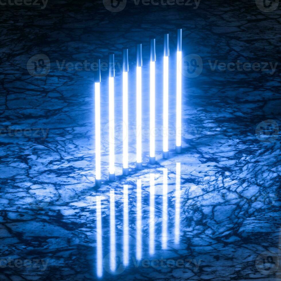 Glowing neon tubes and marble background, 3d rendering. photo