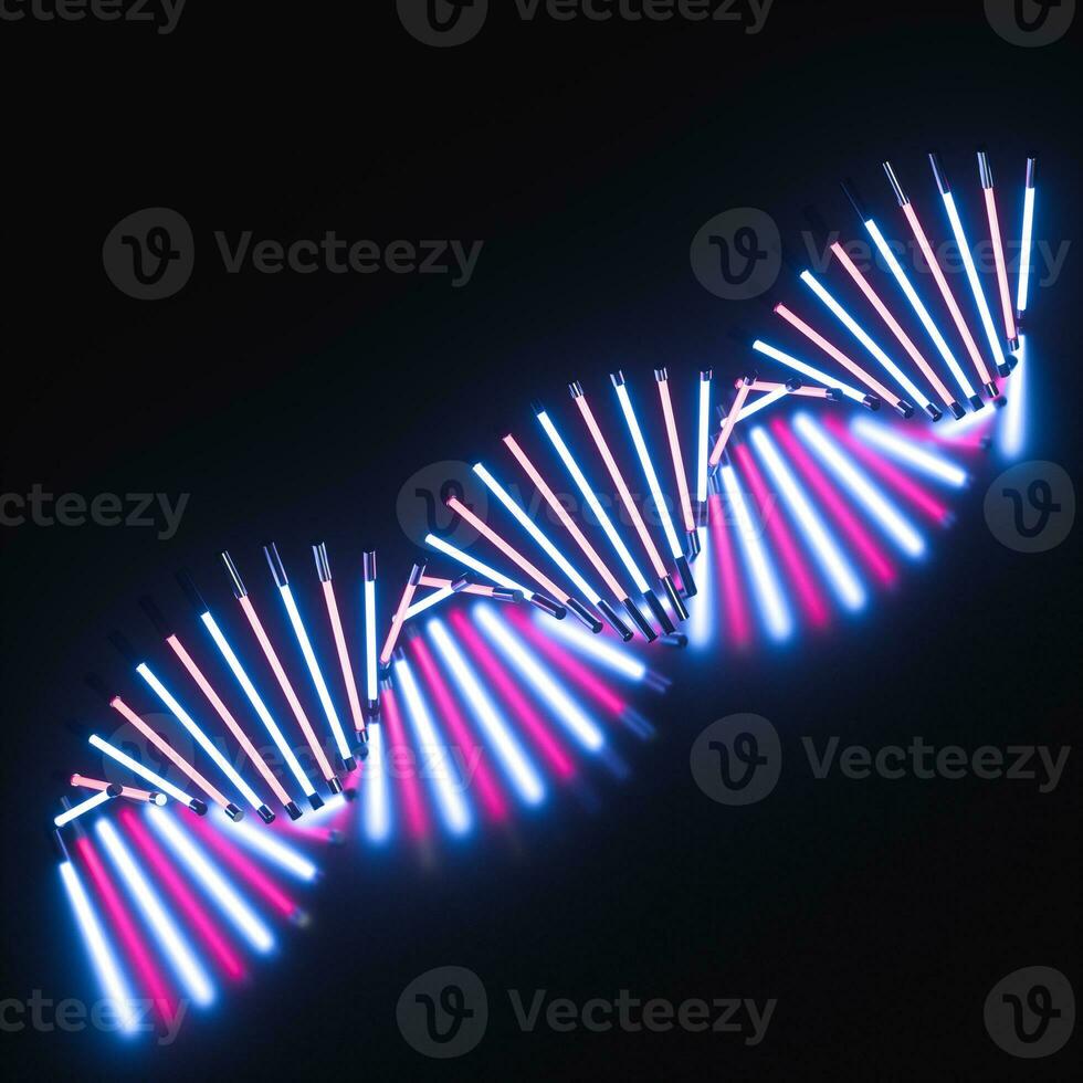 Glowing neon tubes and DNA shape, 3d rendering. photo