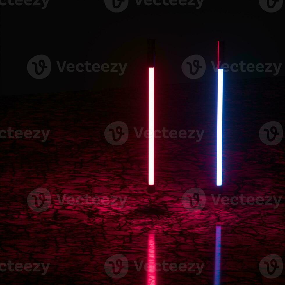Glowing neon tubes and marble background, 3d rendering. photo