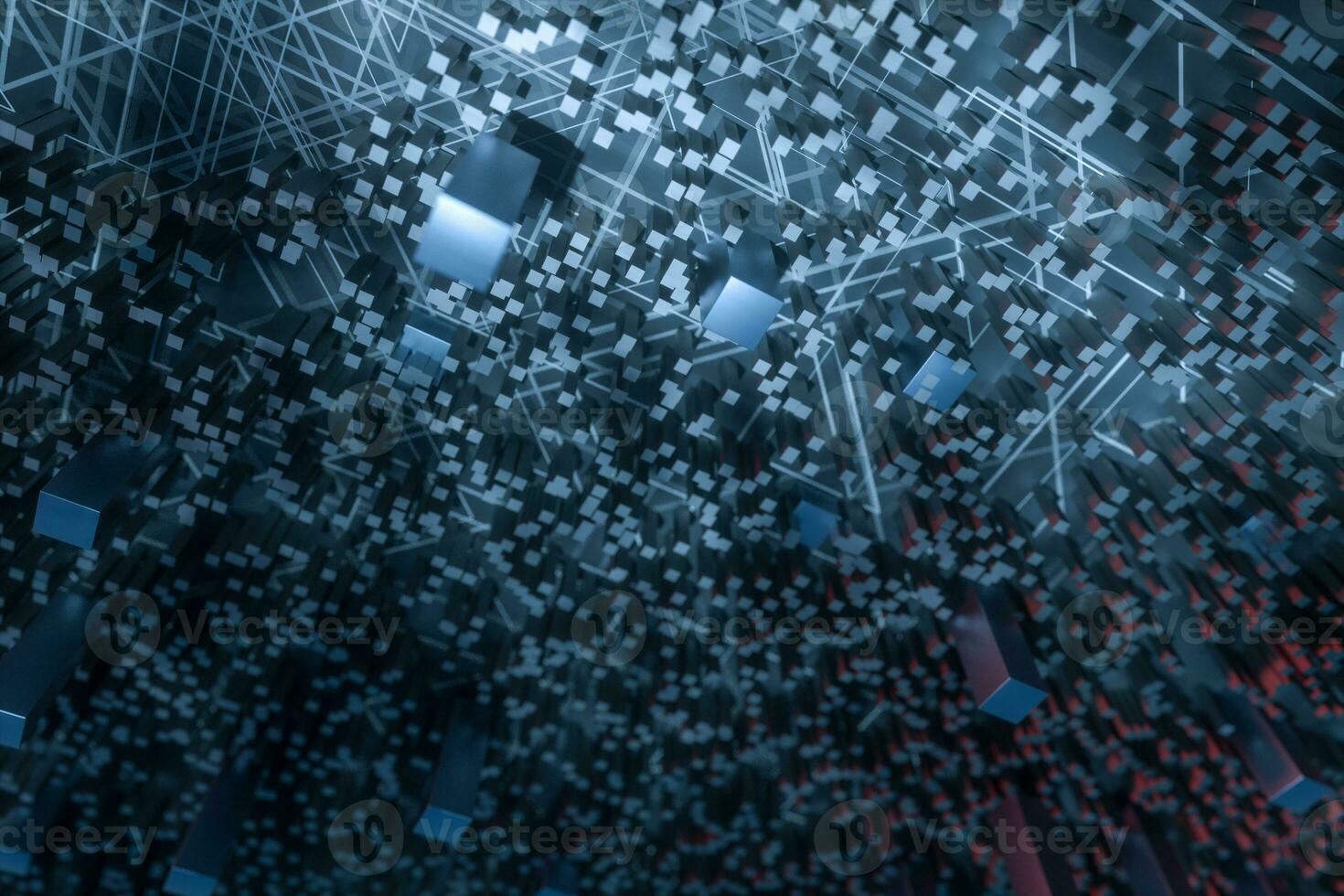 Dark technological lines background with cubes and lines, 3d rendering. photo