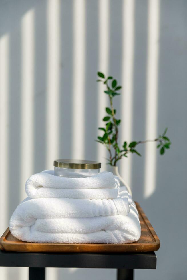 Close-up, towels and copy space for montage your product display photo