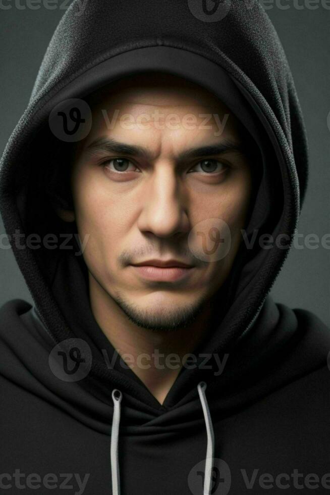 a man in a hoodie with a solid color background photo