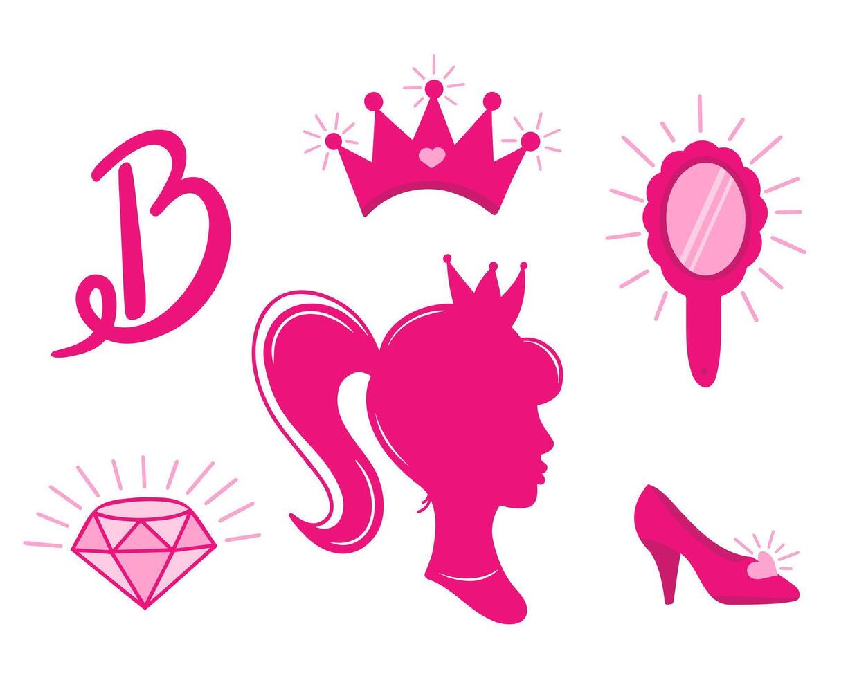 doll things set, mirror, shoe and diamond. Illustration for printing, backgrounds, covers and packaging. Image can be used for greeting cards, posters and sticker. Isolated on white background. vector