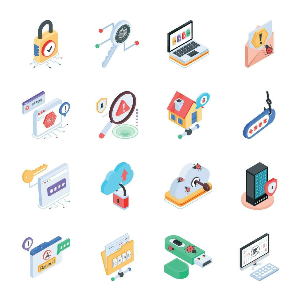 Bundle of Security and Hacking Isometric Icons vector