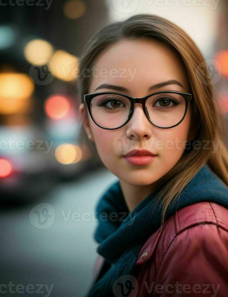 Woman with glasses standing in the street. Pro Photo