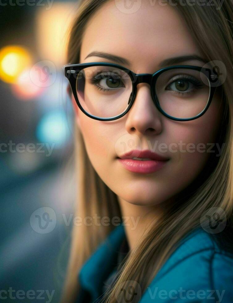 Woman with glasses standing in the street. Pro Photo