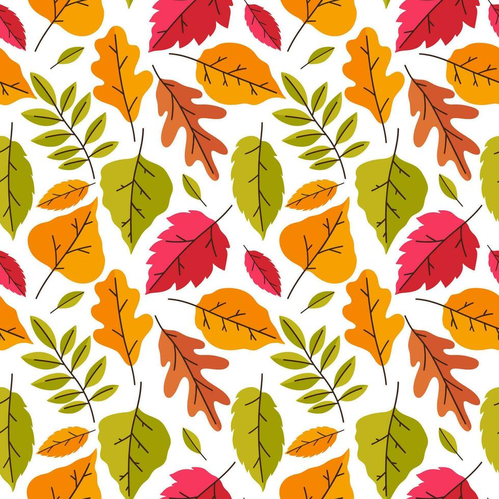 Seamless pattern with autumn colorful leaves on a white background. Vector graphics.