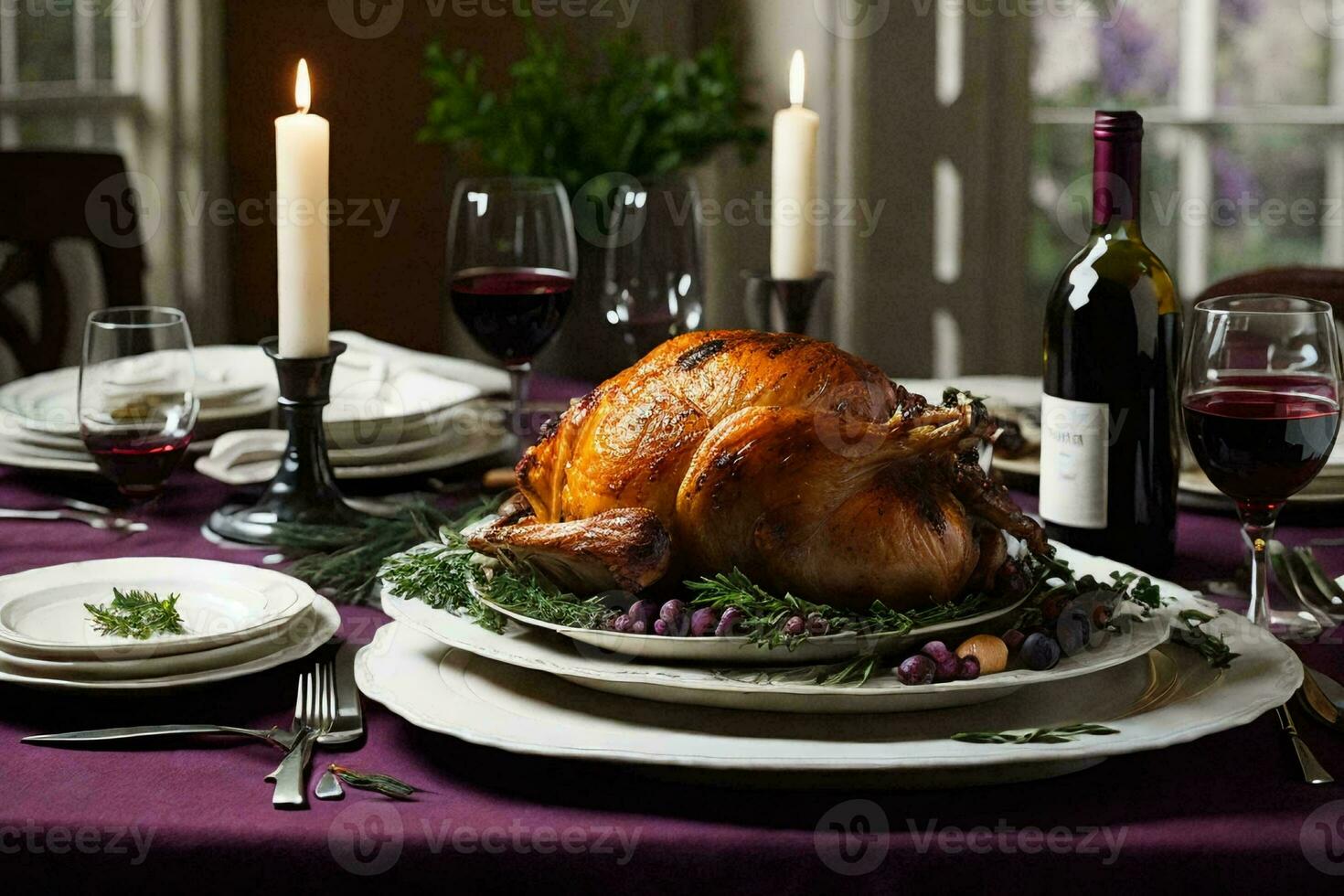 Thanksgiving dinner table setting with a roasted turkey on a white platter photo