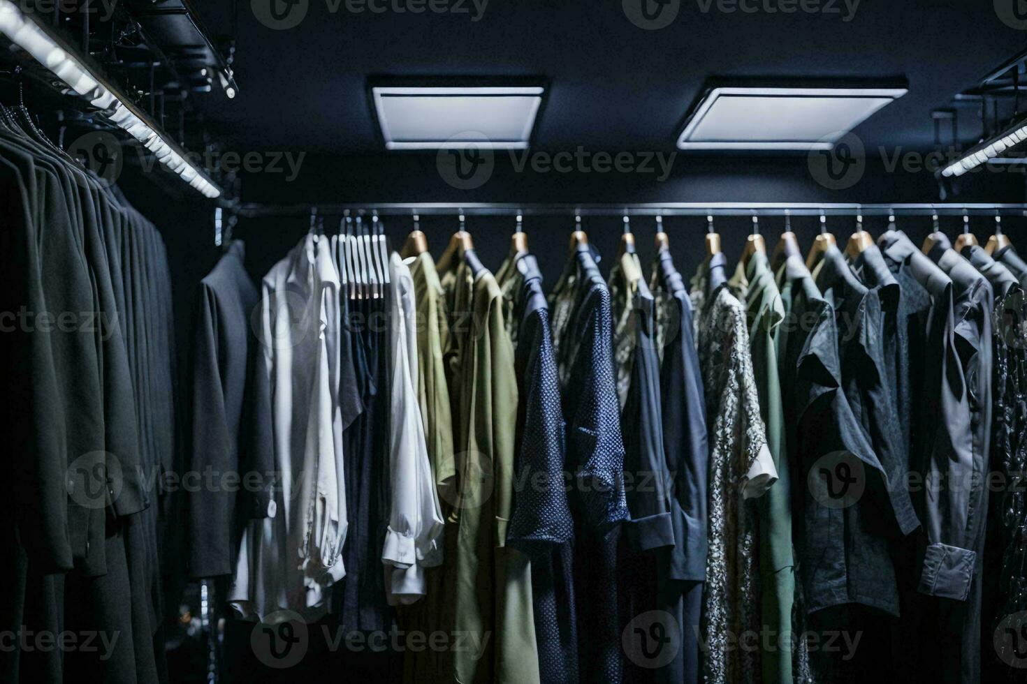 Moda fotografía de un grande colección de ropa colgando en un moderno boutique. foto