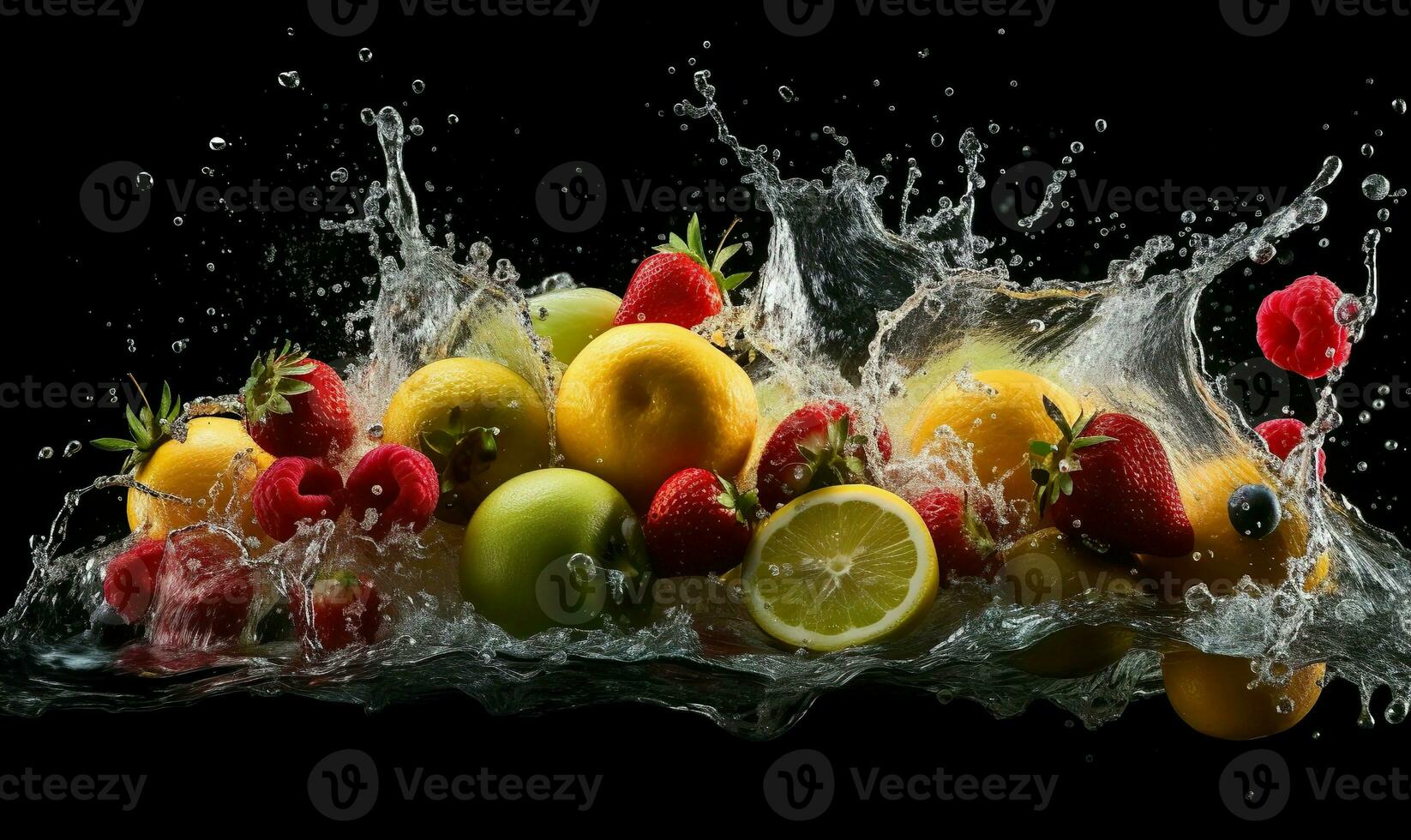 a photo realistic image of a bunch of fruits splashing into water.