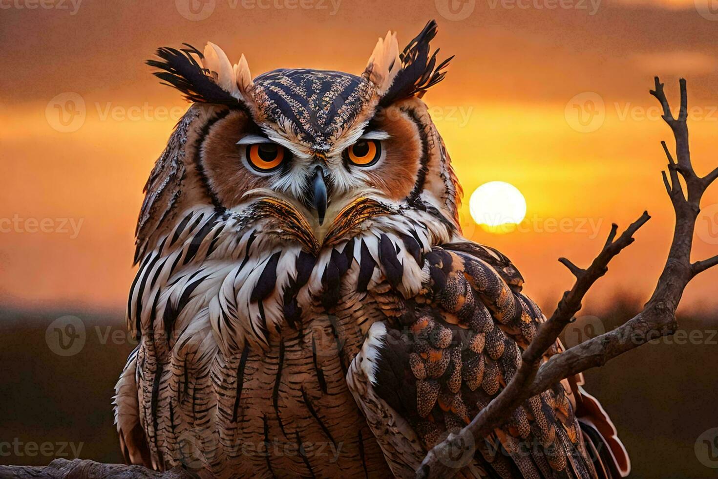 a great horned owl perched on a tree branch in a forest. photo