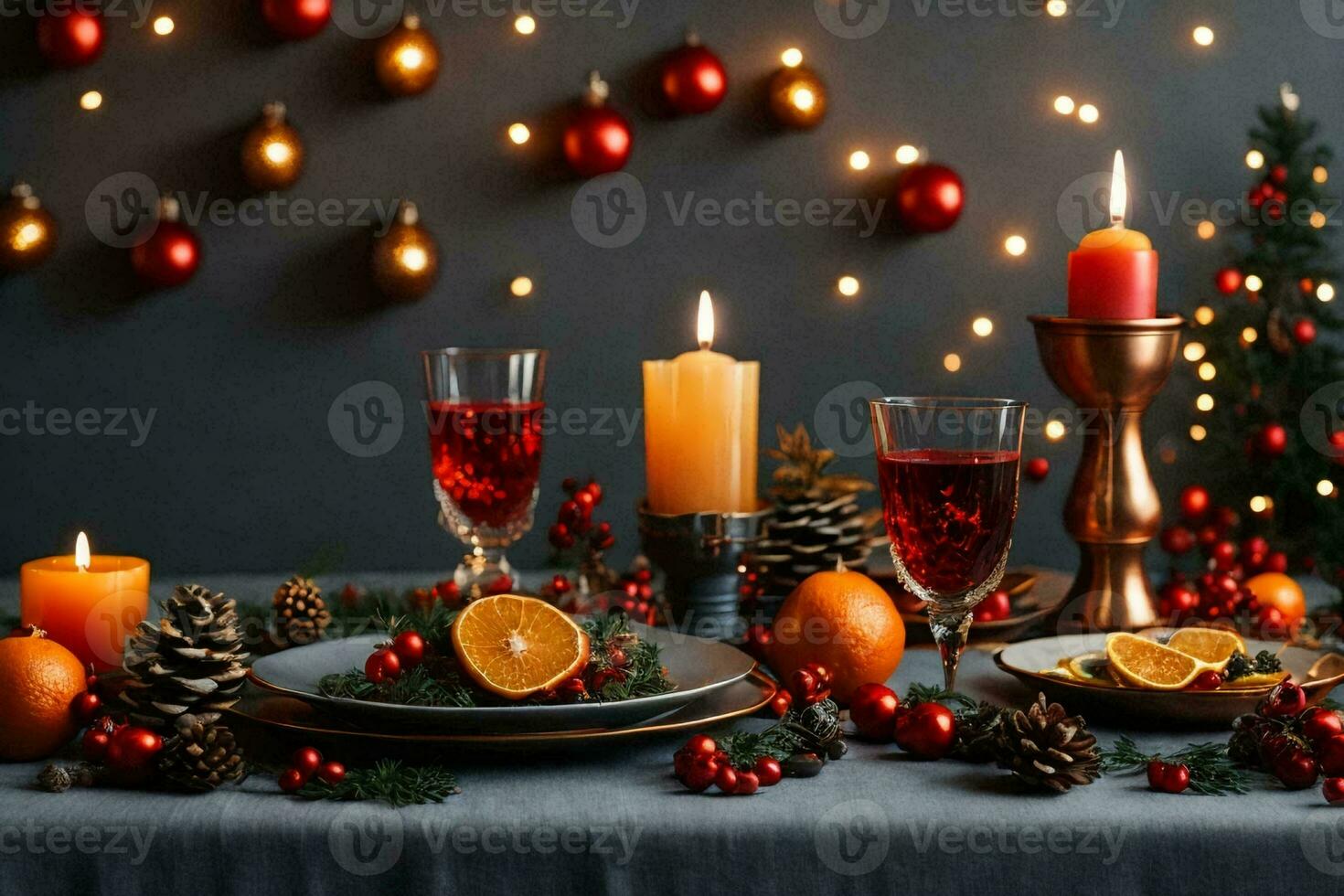 un festivo mesa ajuste con un variedad de Navidad decoraciones y alimento. foto