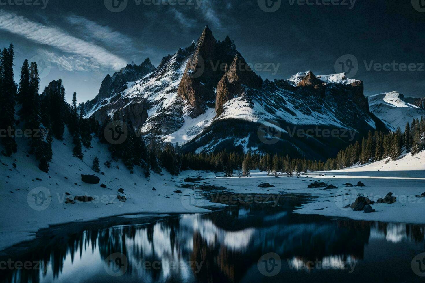 Landscape Photography of a majestic mountain range reflected in a tranquil pond, capturing the breathtaking beauty of nature. photo
