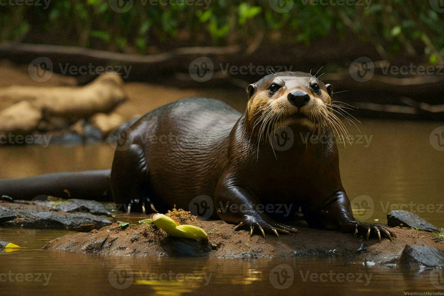 a giant river otter feeding in its natural habitat in the Pantanal region of Brazil. photo
