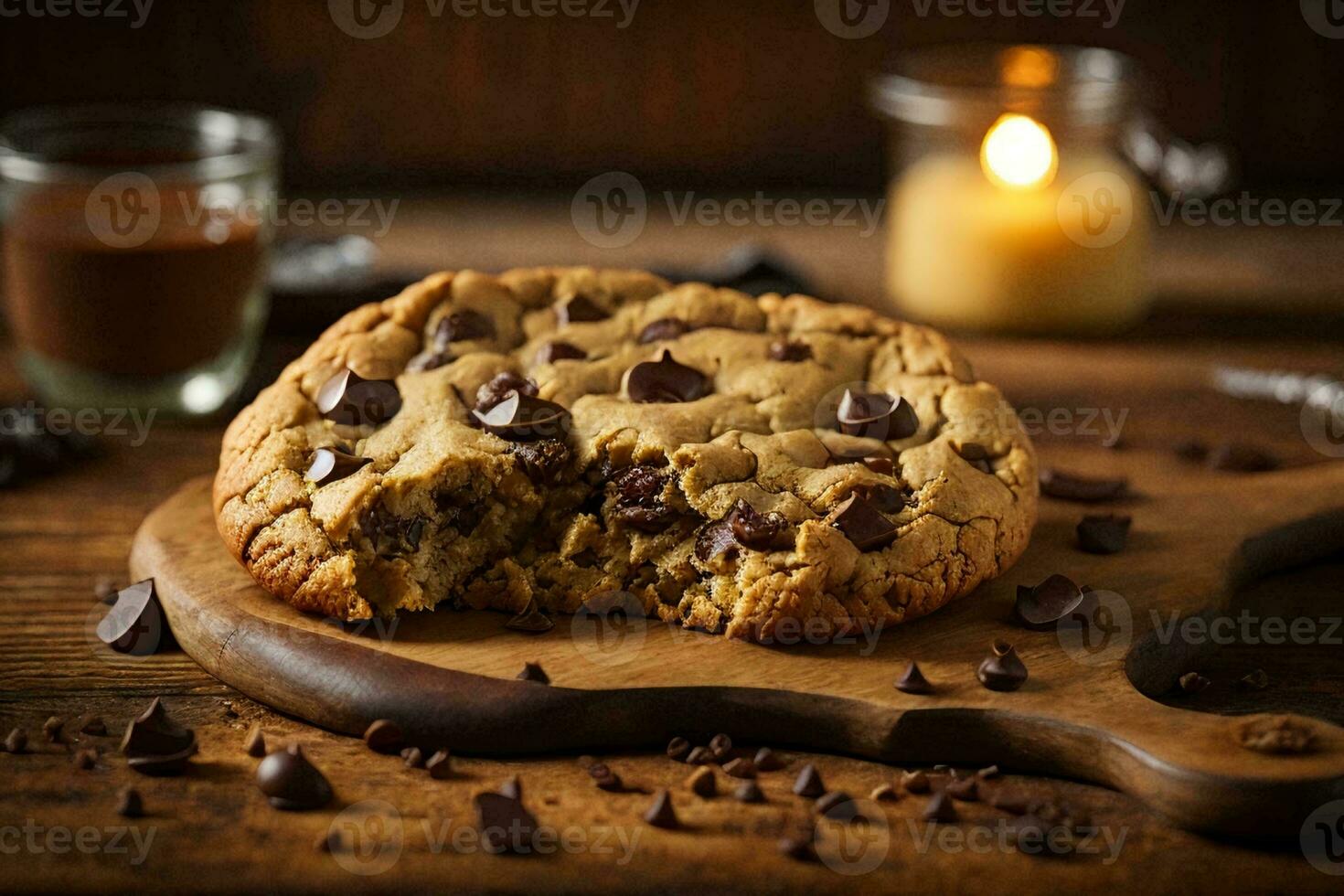 homemade chocolate chip cookie placed on a rustic wooden table photo