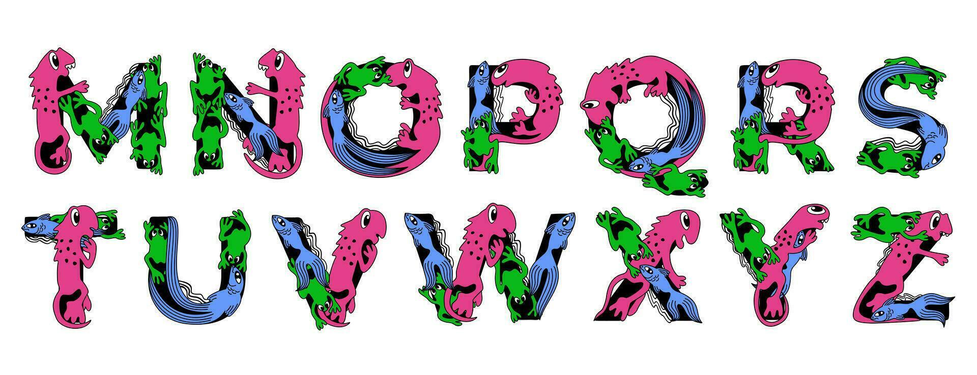 Latin letters in cute childish style. Vector isolated colorful lettering with animals