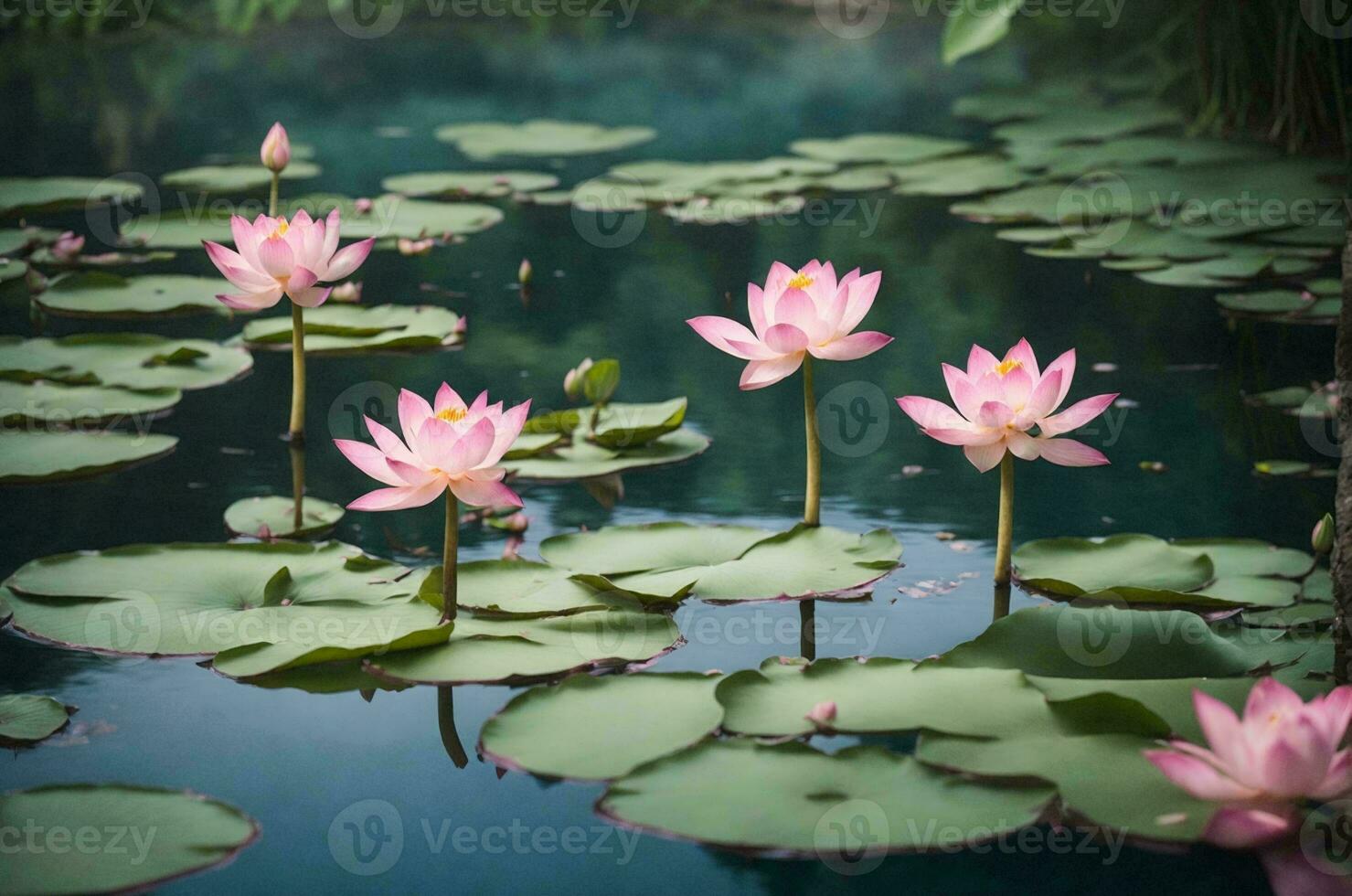 Botanical Photography of a pool in a natural setting, where the surface is adorned with delicate pink lotus flowers and lily pads. photo