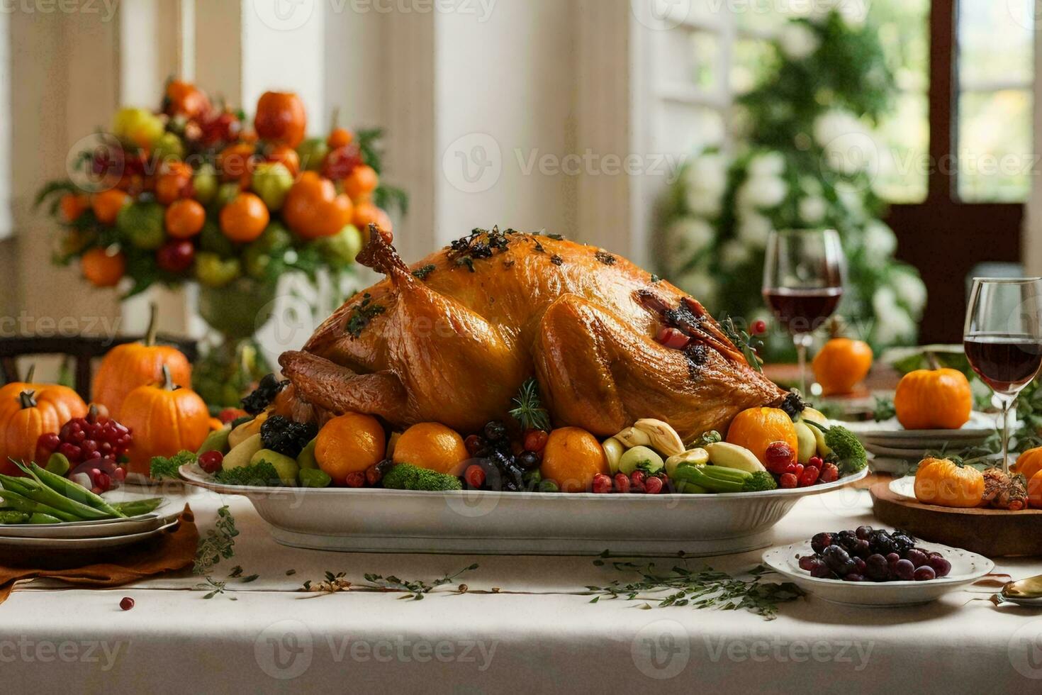 Thanksgiving dinner table setting with a roasted turkey on a white platter photo