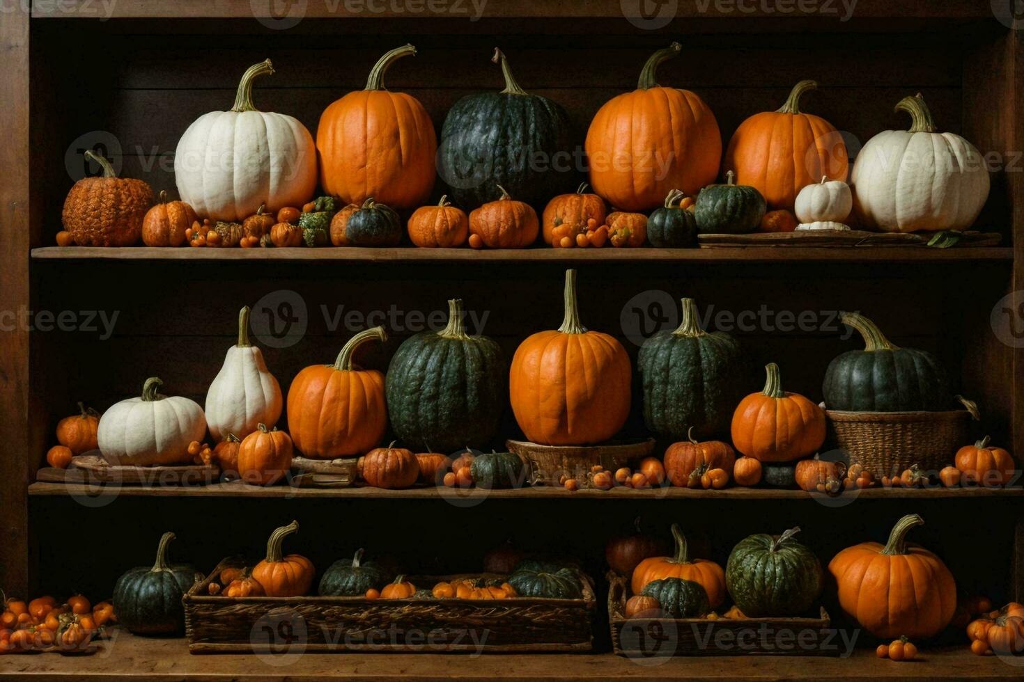 a photo realistic image of a pumpkin patch with a variety of pumpkins in different shapes, sizes and colors.