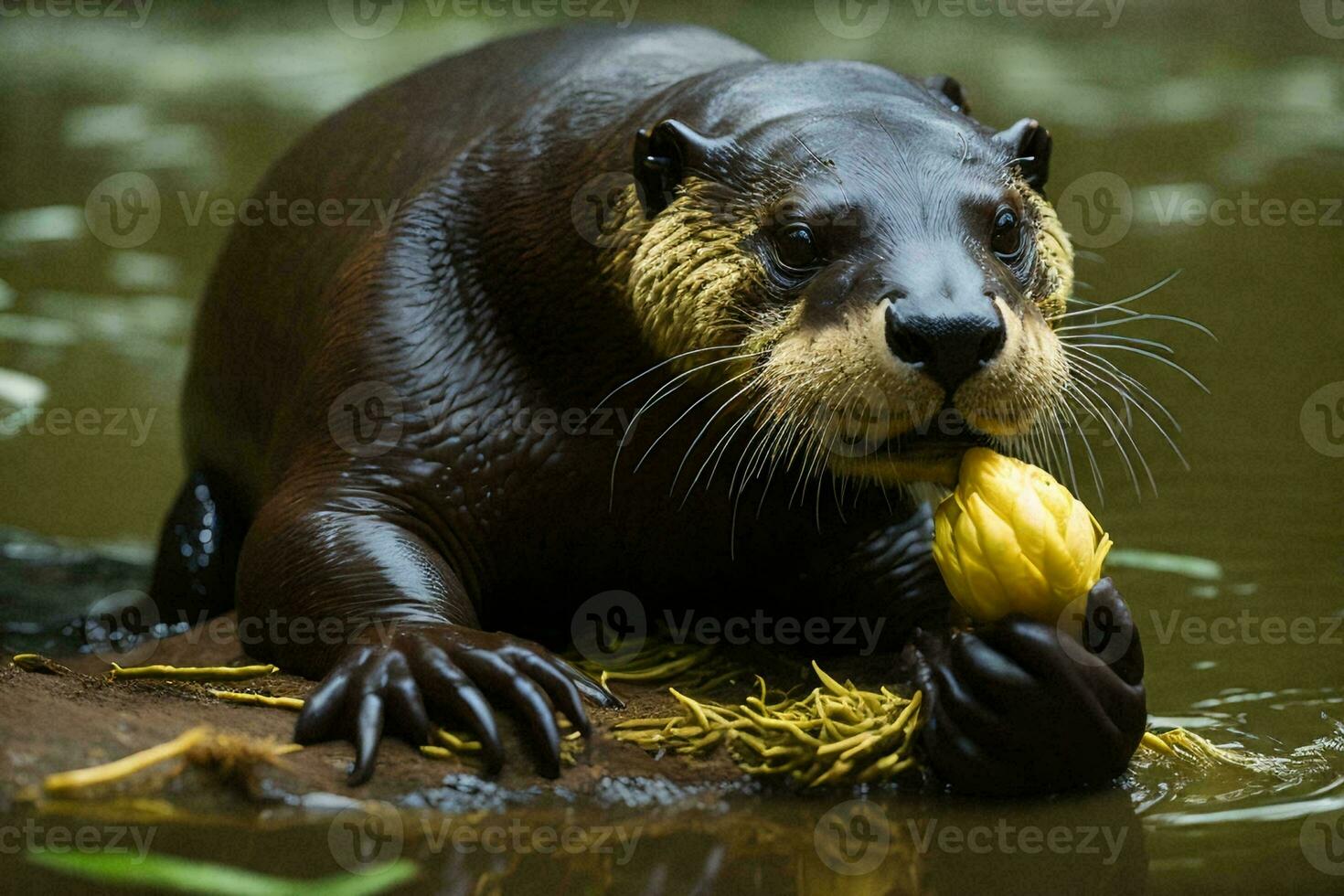 un gigante río nutria alimentación en sus natural habitat en el pantanal región de Brasil. foto