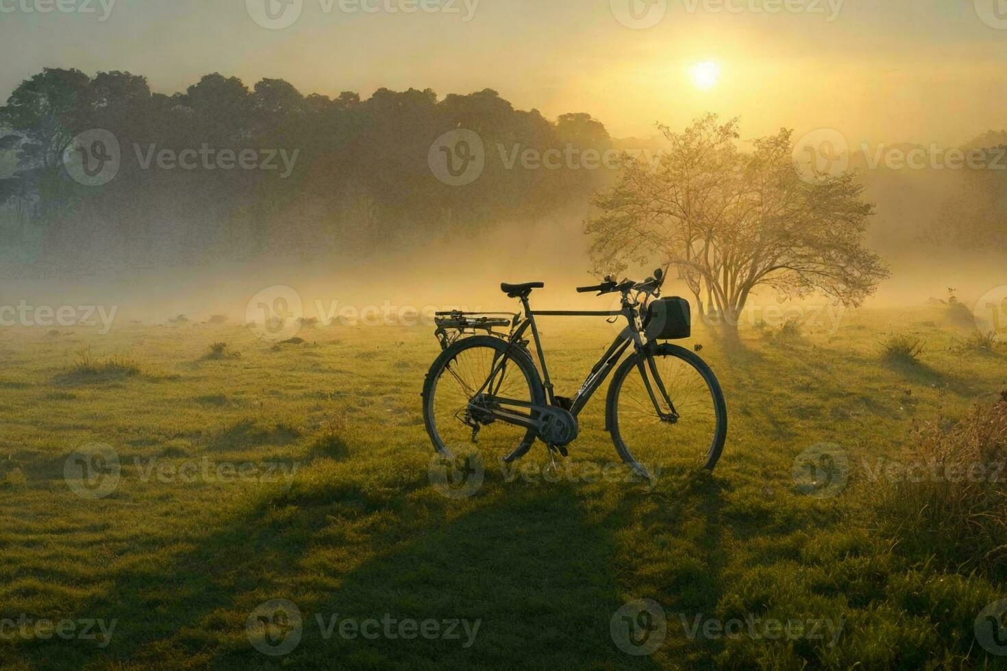 a tranquil scene on a foggy morning, where a bike is parked on the side of the road. photo